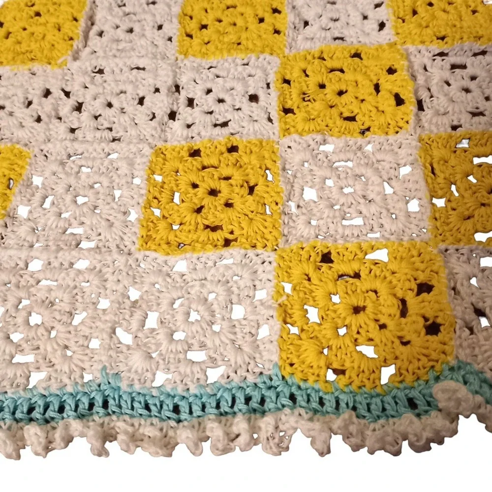 Granny Square Crocheted Baby Nursery Lap Blanket Blue White Yellow 34